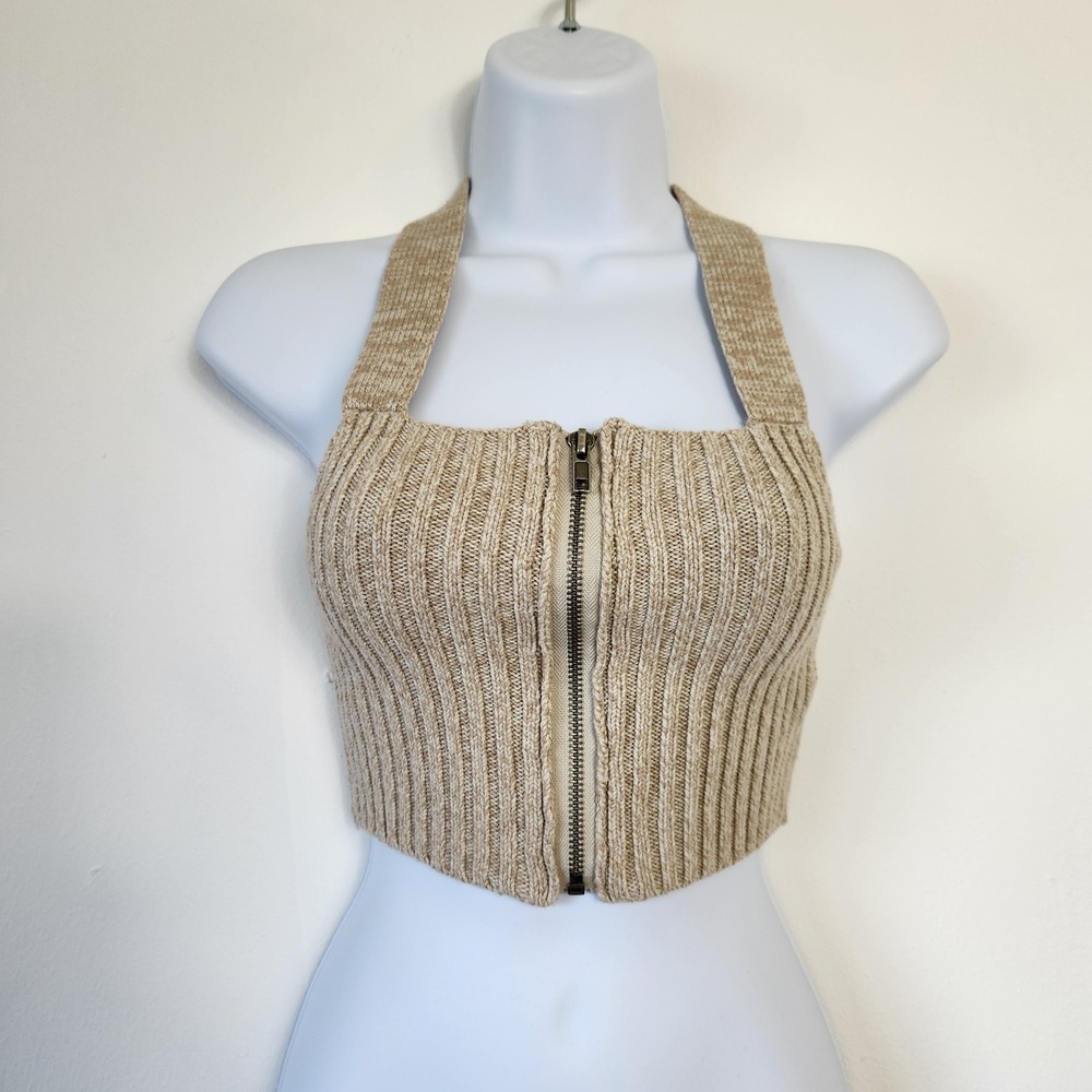 Silence + Noise Knit Halter Crop Top Beige Ribbed Zip Front Womens Size Small